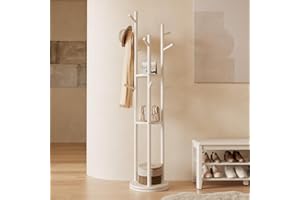 KUNGFUWOOD KASLANDI Coat Rack, Solid Wood Rotary Coat Rack Stand, Freestanding Coat Rack with 3 Shelves and 9 Hooks, Sturdy and Easy to Assemble Coat Tree for Entryway, Bedroom, Coats, Bags (White)