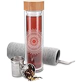 Navaris Glass Water Bottle with Tea Infuser - Double Walled Borosilicate Glass Travel Tumbler with Bamboo Lid and Non Slip Gray Neoprene Sleeve - 17oz