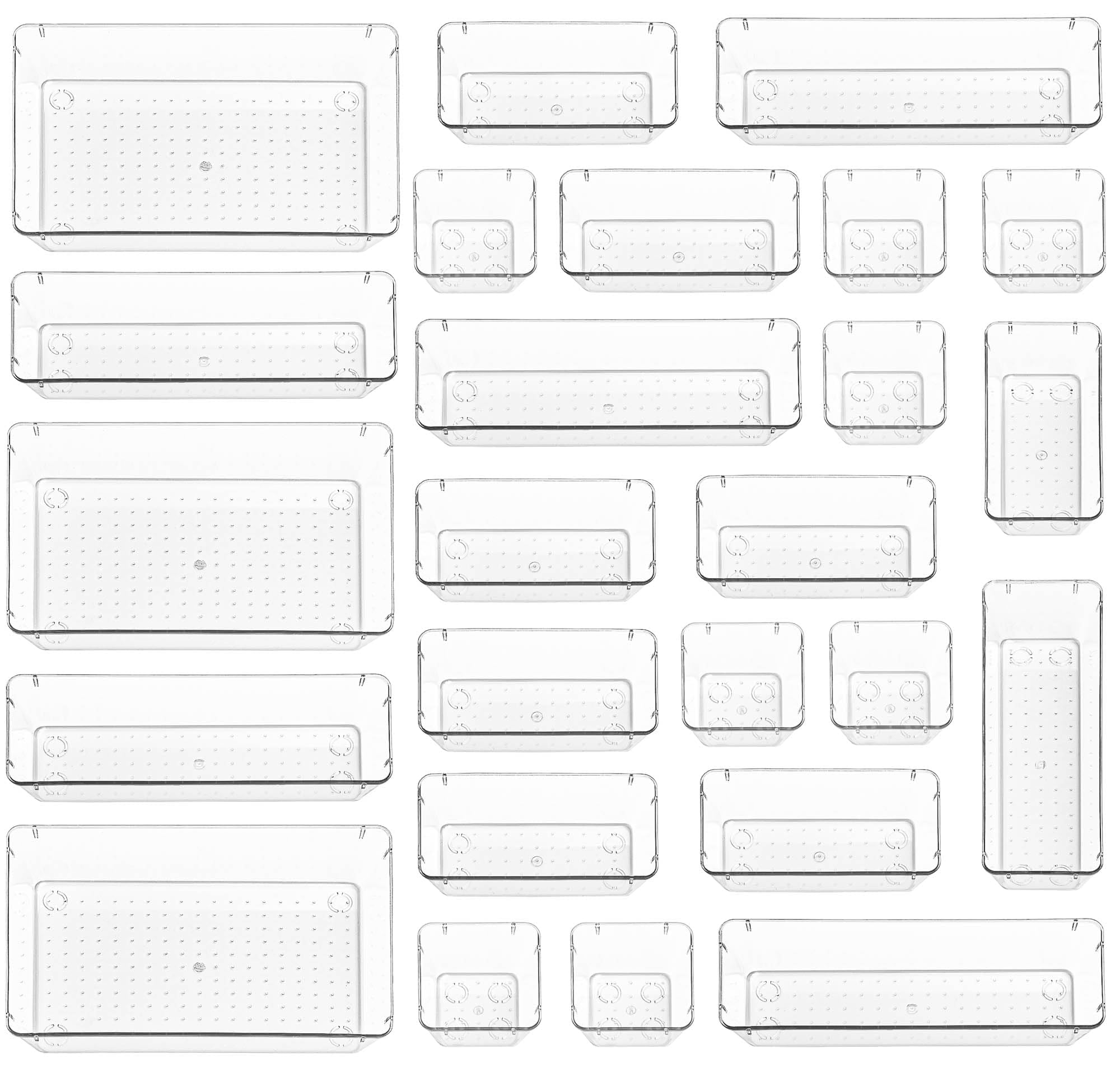 Stackzy Drawer Organiser Set – Makeup Organiser Tray for Drawers – Clear Cosmetics Container Tray for Bedroom – Utensil Cutlery Set Divider – Kitchen Storage & Organisation – 25pack