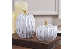 GHOSTMAGIC Fall Pumpkin Decor for Home, 2pcs White and Gold Resin Pumpkins, Thanksgiving Table Centerpiece, Halloween Pumpkin Decorations for Indoor, Shelf, Mantel, Tiered Tray Display (White)