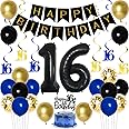 16th Birthday Decorations for Boys Royal Blue Gold, Happy Birthday Banner & Cake Toppers, Jumbo 16 Balloon, Hanging Swirls for Guys Sixteen Birthday Party Supplies