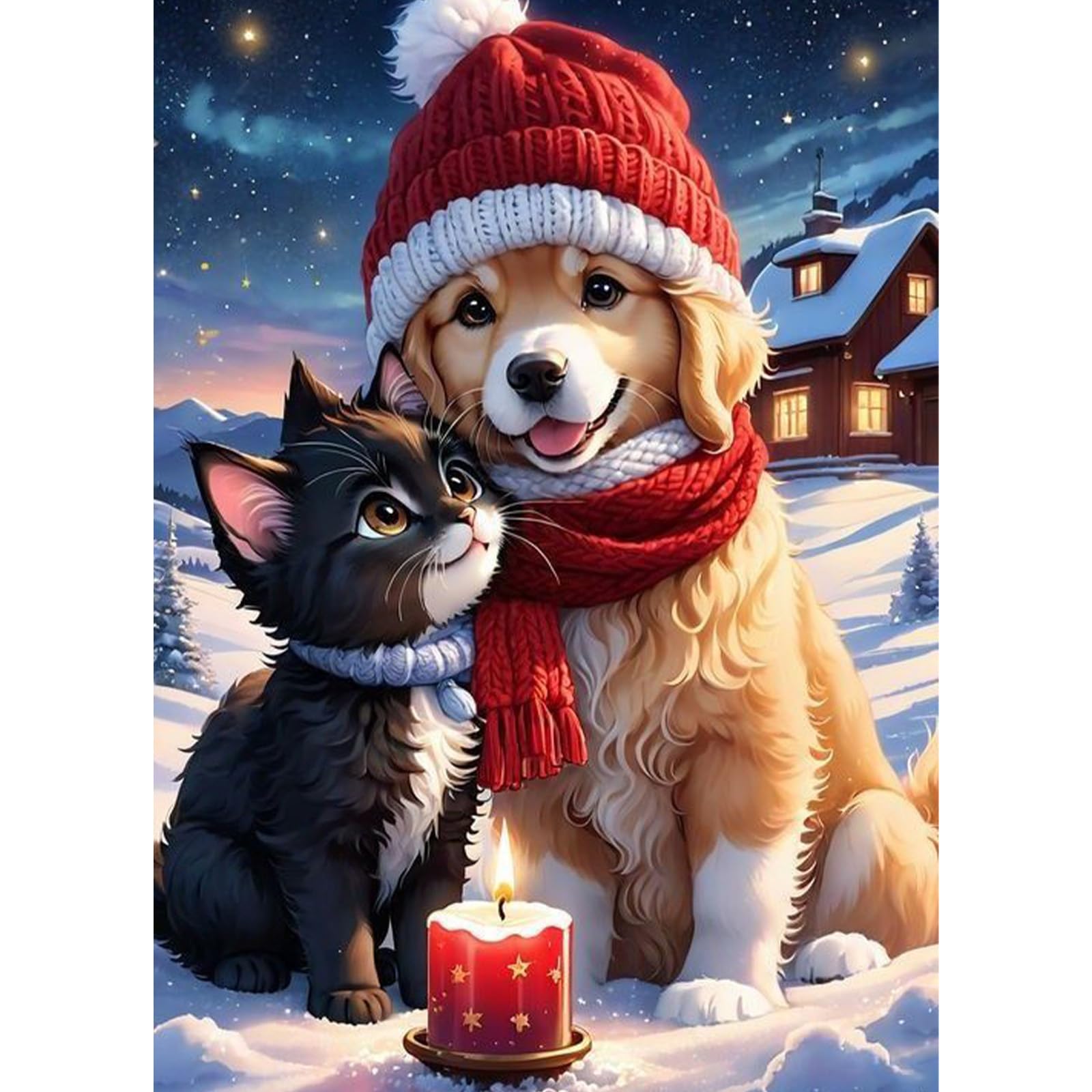 QENSPE Christmas Diamond Painting Kits 5D Diamond Full Drill, DIY Diamond Art Kits for Adults Beginners, Dog and Cat Gem Art Painting Crystal Art Crafts Wall Decor 12x16in / 30x40cm