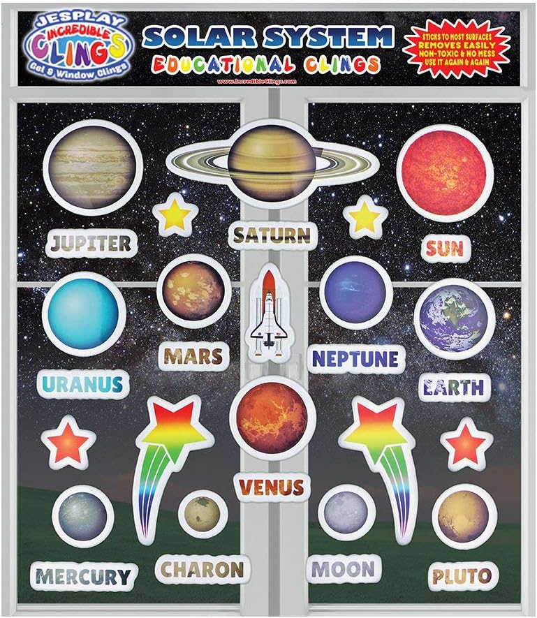 JesPlay Solar System Reusable Puffy Sticker Window Clings for Kids and Toddlers (by Incredible Gel and Window Clings) - Outer Space, Planet, Galaxy, Moon and Star and More