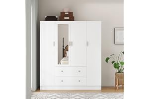 Panana Bedroom Armoires Wardrobe Closet with 4 Doors 2 Drawers and Mirror, Large Shelves Hanging Rods for Bedroom, 62.7" W x 19.7" D x 70.8" H