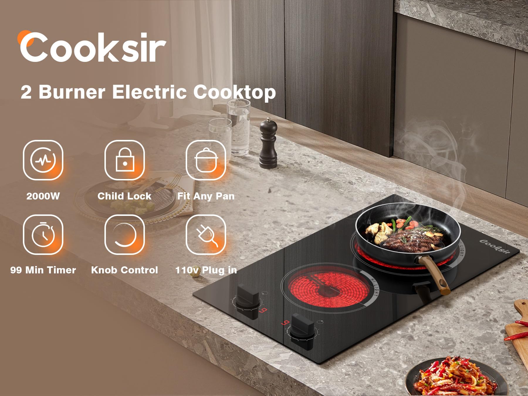 Cooksir 2 Burner Electric Cooktop - 110v Countertop and Built-in Electric Stove 2000W, 12 Inch Ceramic Stove with Residual Heat Indicator, Over-Temperature Protection, Knob Control, 110-120V Plug in