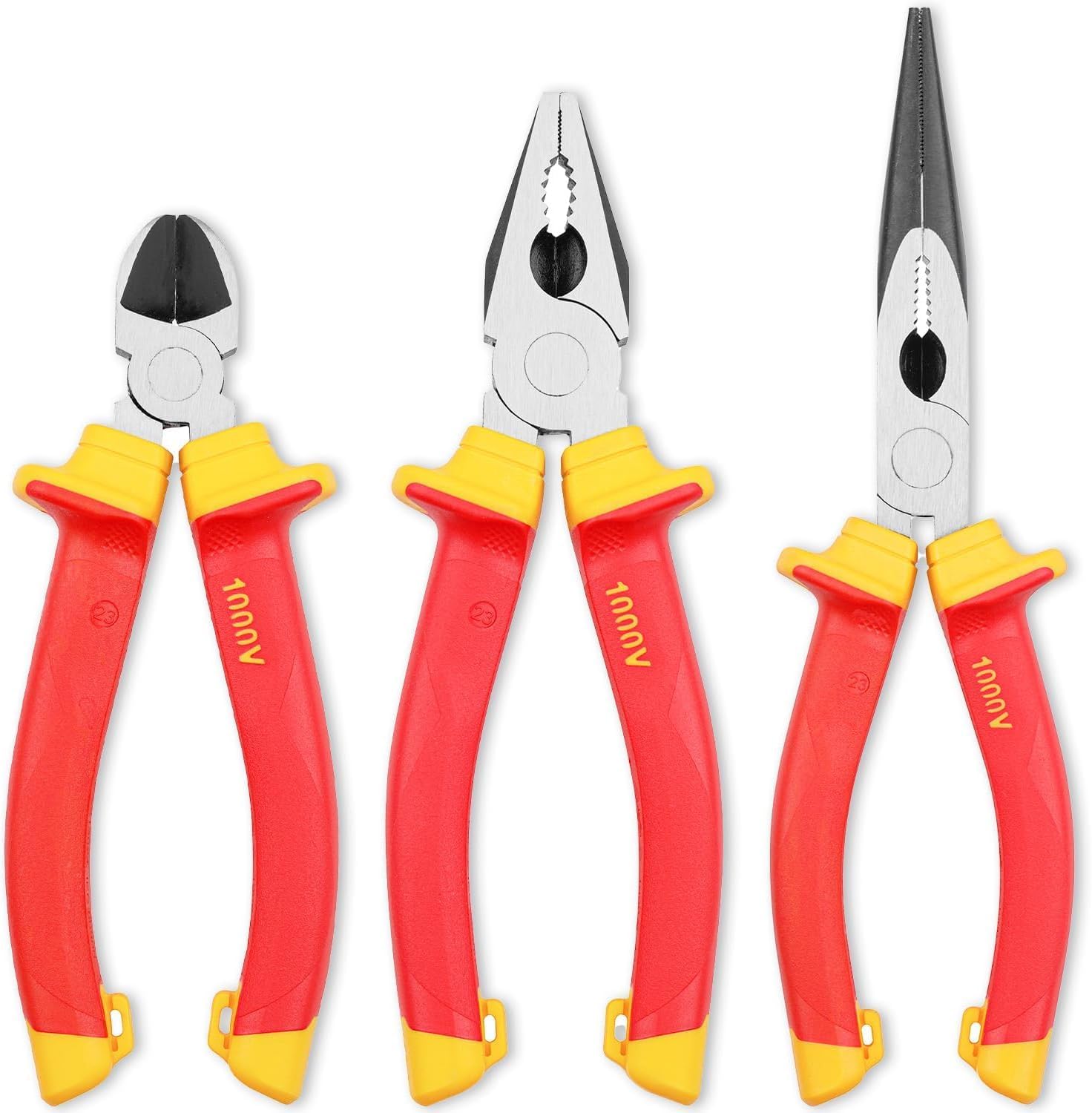 Kapstrom 3 Pc Electricians Pliers Set, Professional Insulated & VDE Tested Combination, Long/Needle Nose & Diagonal Cutting Pliers/Side Cutters, Multi-Purpose Tools w/Comfort Grips