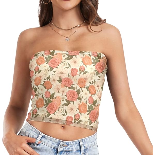 Womens Tube Tops Pink Flower Floral Mesh Crop Top Strapless
