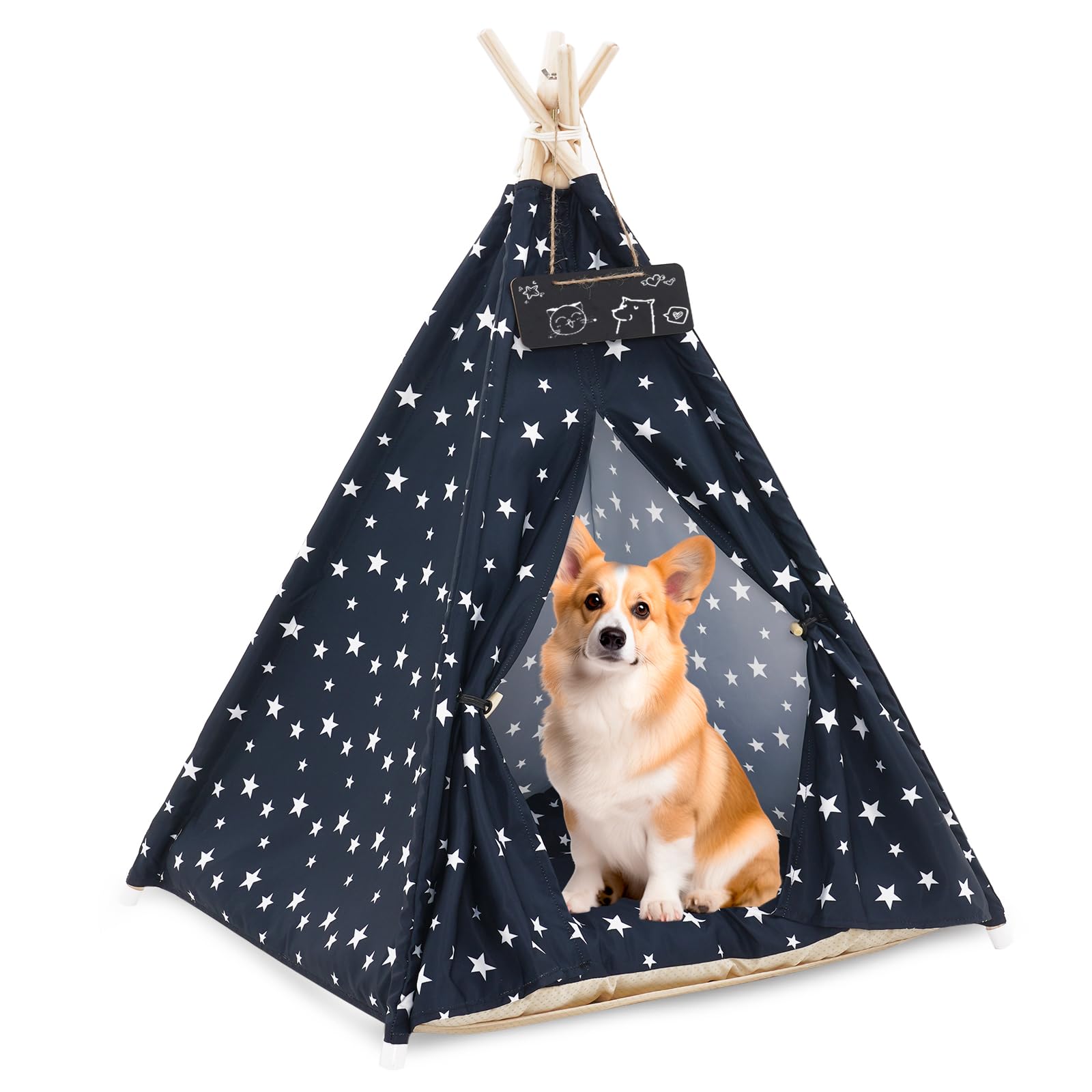 Photo 1 of Pet Teepee Tent for Dogs & Cats, 24 Inch & 43 Inch Portable Indoor Dog House with Thick Cushion, Cat Teepee Washable Tent Dog Teepee Bed Indoor (43 Inch, Navy Blue Stars)