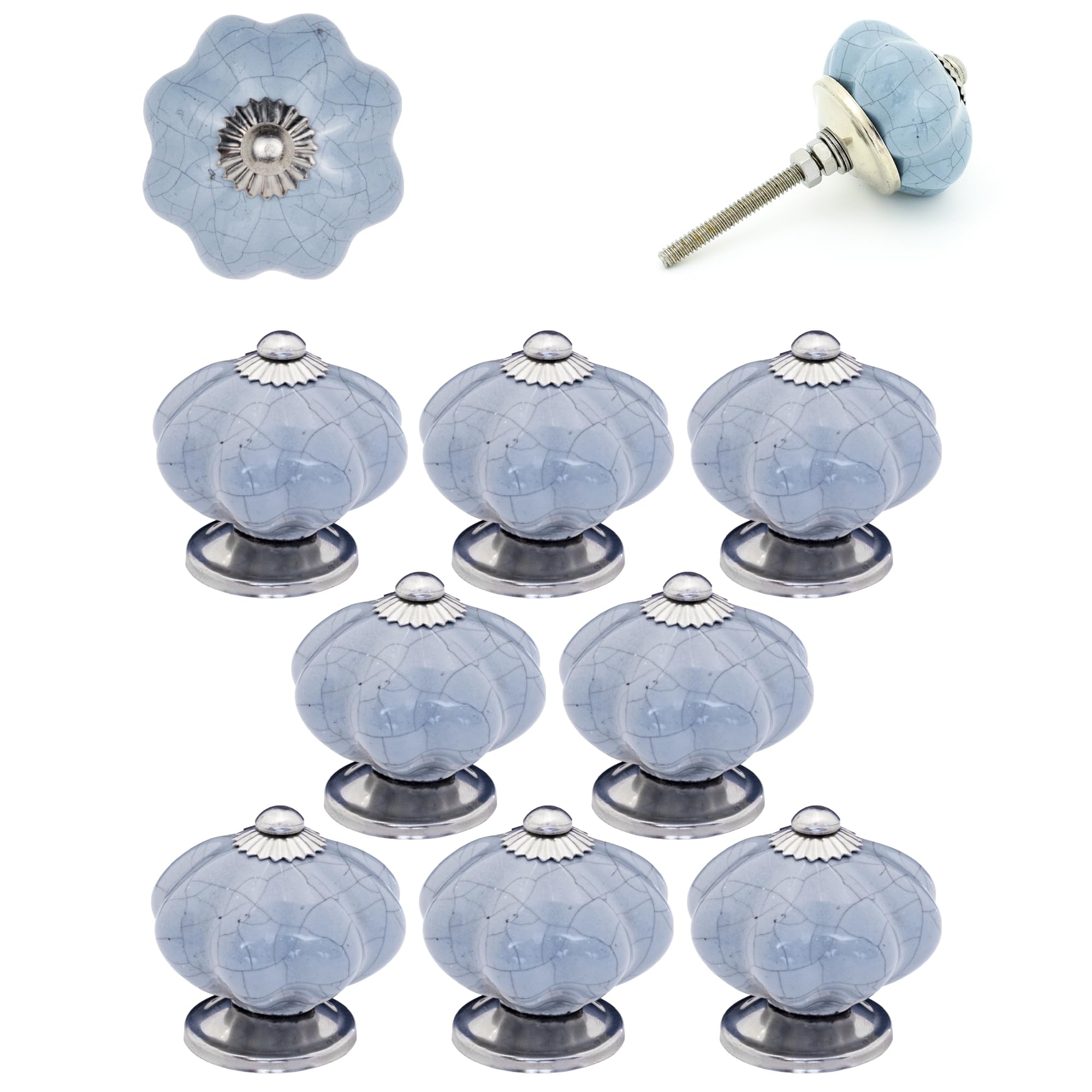 ETHNICITI Pack of 8 Pumpkin Grey Crackle 40mm Ceramic Door Knobs Vintage Shabby Chic, Wardrobe Cabinet Cupboard Drawer Interior Furniture Pulls Handles Bedroom Dresser Lounge Kitchen