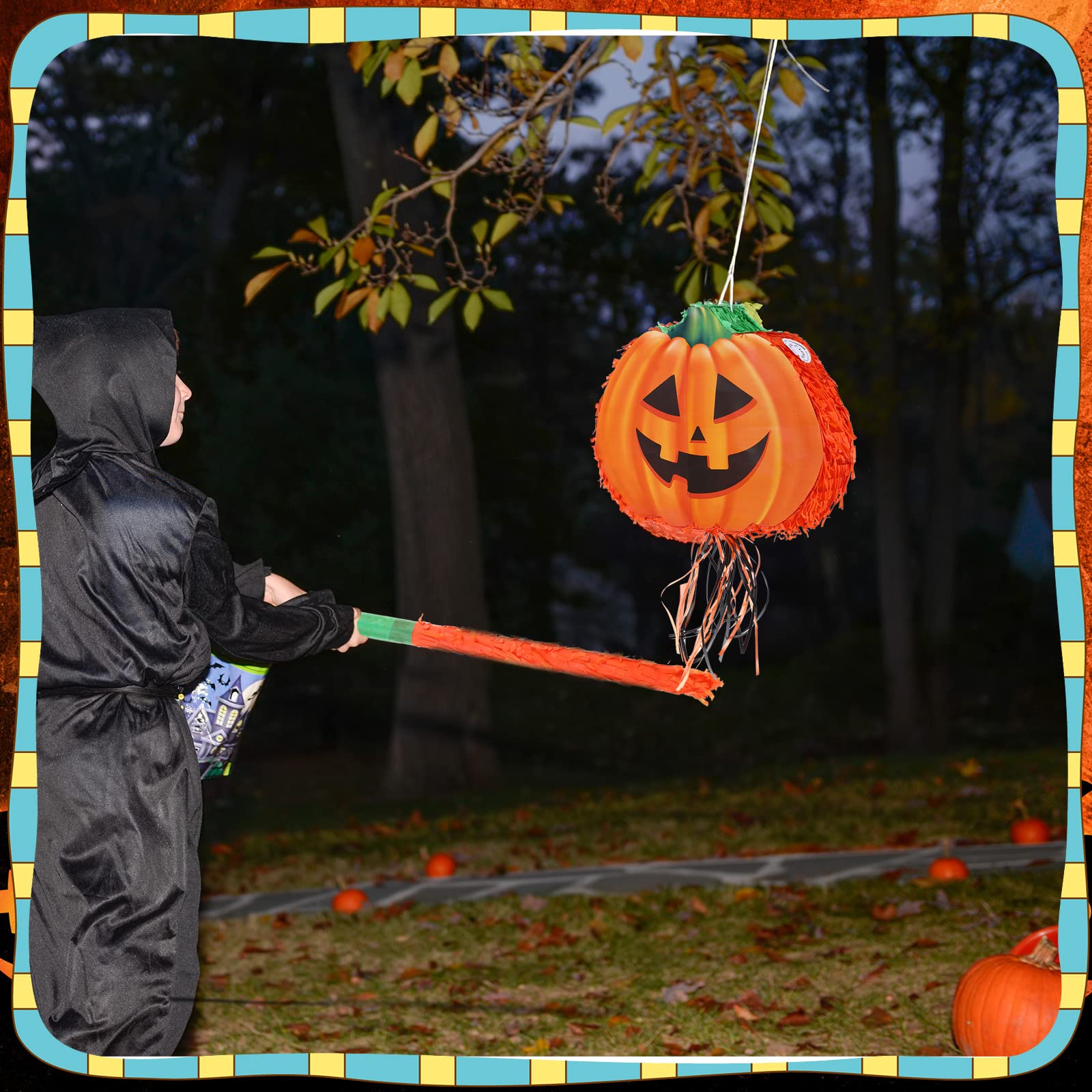 Aoriher Halloween Pumpkin Piñata Pull String Pumpkin Piñata with Stick and Blindfold Halloween Hanging Decoration Mexican Game Fall Party Supplies