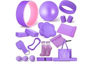 Gemscream 17 Pcs Yoga Essential Kit for Women, Pilates Equipment Starter Set for Beginners with Yoga Wheel Ball Blocks Strap Resistance Bands Wrist Rings Socks Towel & Carry Bag for Home Workouts