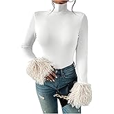 WDIRARA Women's Turtleneck Long Sleeve Bodysuit Fall Fuzzy Cuff Rib Knit Slim Fitted Tops