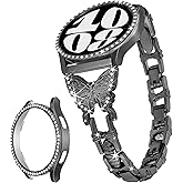 G-ficu Butterfly Band Compatible with Samsung Galaxy Watch 6 Band-40mm with Protective Case (No Screen Protector), 20mm Quick Release Women Diamond Cute Metal Slim Watch Bands & Bling Cover Case