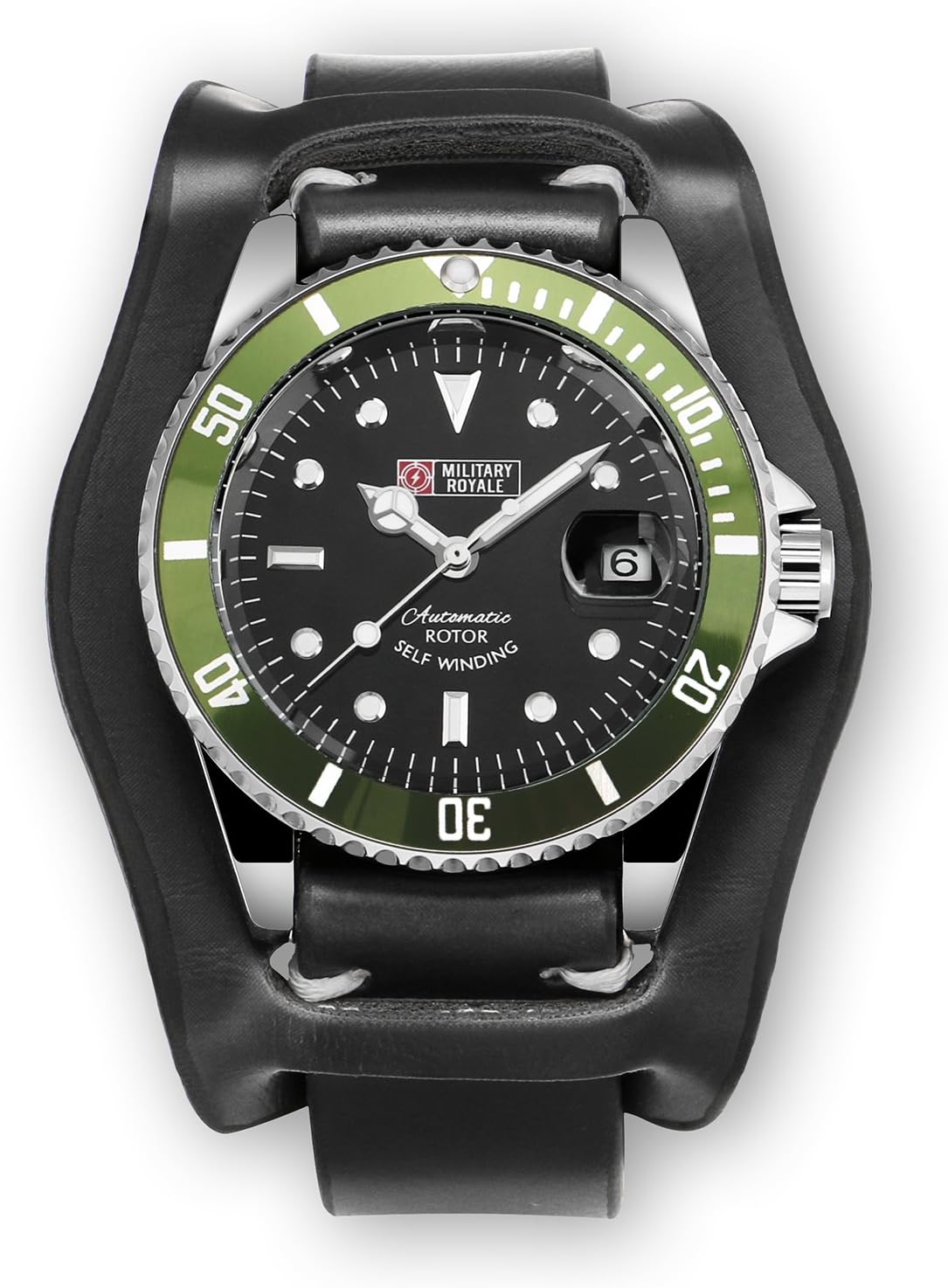 Military Royale Mechanical Mens Watch Black Leather Black Green Automatic Army Band Adjustable Beautiful Watch Casual