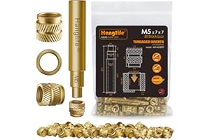 HANGLIFE M5 Heat-Set Threaded Inserts with Insert Tip, Heat Set Insert for 3D Printing Components and Plastic Parts with Soldering Iron Press Tool - Brass Metric Knurled Nuts (50 Pieces)