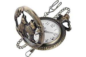 Realpoo Hollowed Out Two Wolf Quartz Men's Pocket Watch, Arabic Numeral Dial with Chain Pocket Watch for Men