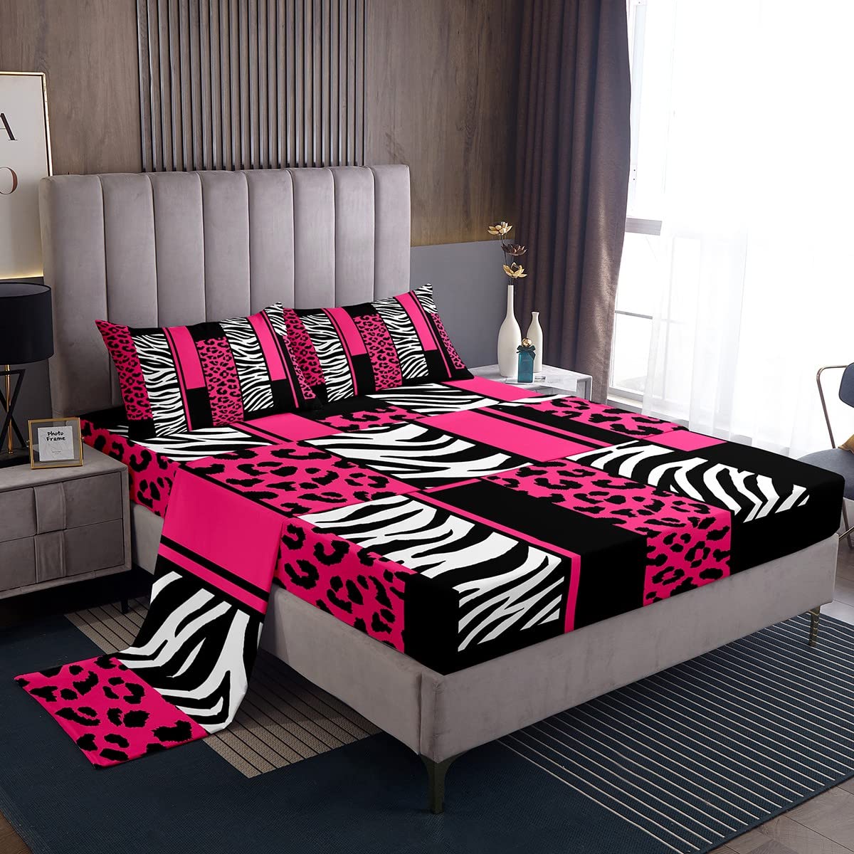 Homemissing Leopard Zebra Sheet Set Kids Cheetah Pink White Black Sheets with Deep Pocket Fitted Sheet for Boys Animal Print Bed Sheets Set Breathable Safari Decor Single