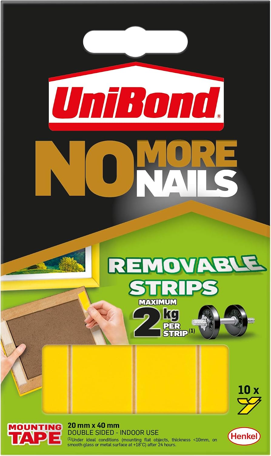 Unibond UNI781739 No More Nails Strip Ultra-strong Removable Translucent, Pack of 10 & No More Nails Permanent Strips, Double Sided Sticky Tape for Interior & Exterior Use, Waterproof Tape, Pack of 10 - Image 3