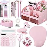 Feifeiya 18 Pack Pink Office Supplies Desk Accessories for Women Desk Organizer Box Calculator Staple Remover Stapler Scissors Clips Mouse Pad Sticky Notes Index Notes Tape Dispenser Ruler Tap Pen