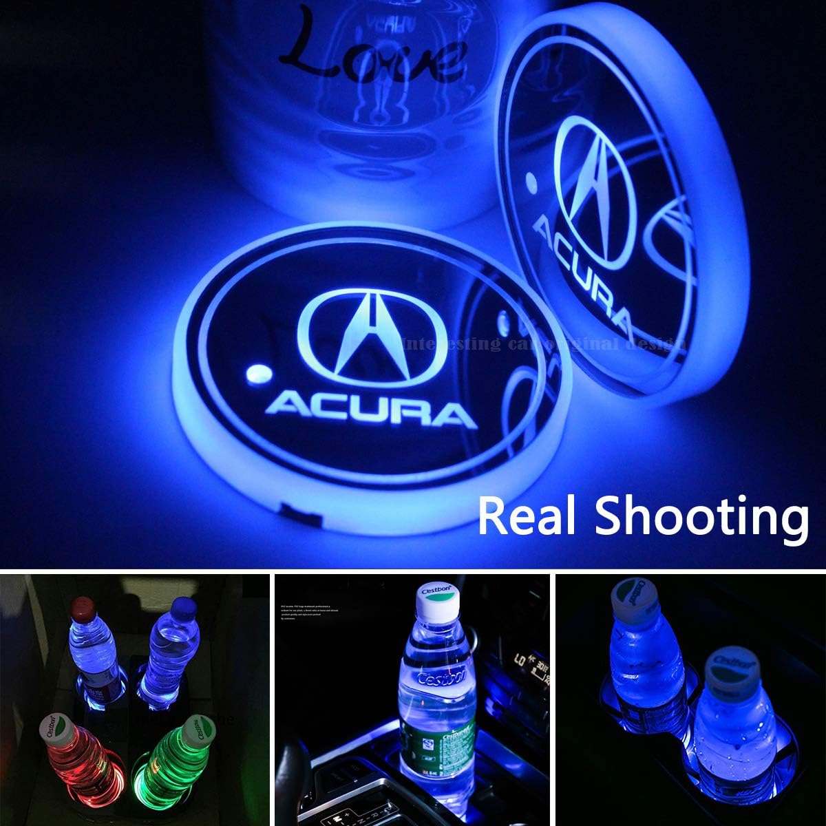 2pcs LED Car Cup Holder Lights for Acura, 7 Colors Changing USB Charging Mat Luminescent Cup Pad