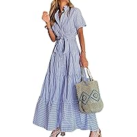 Utcoco Women's Casual Striped Maxi Shirt Dress – 1/4 Zipper, Rolled Sleeves, Boho Beach Shift Dress - View #5
