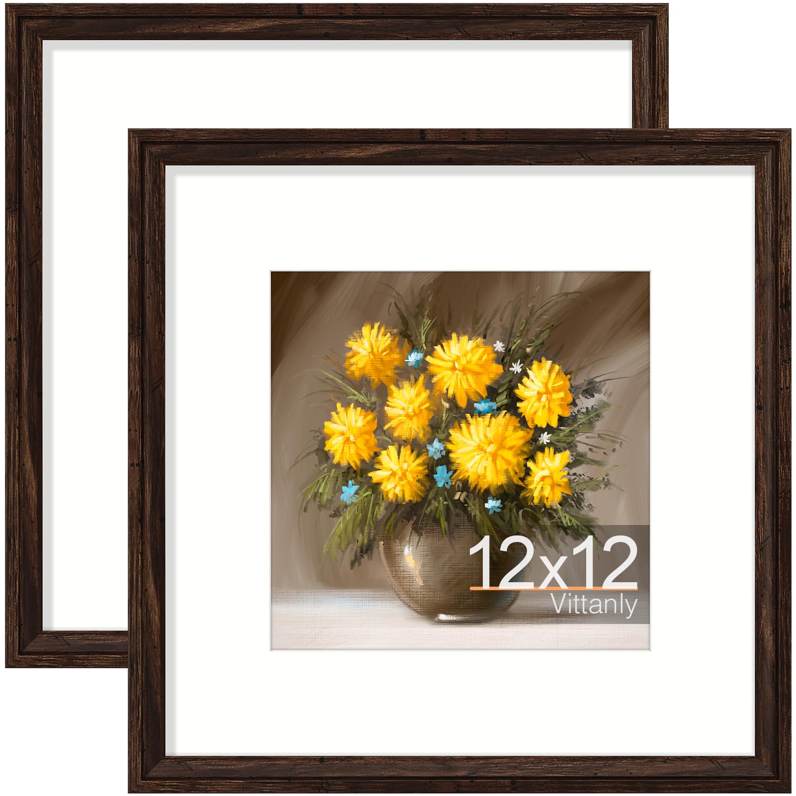 Vittanly 12x12 Picture Frames Set of 2, Ornate Vintage Photo Frame for Wall or Tabletop, Display 8x8 Pictures with Mat or 12x12 without Mat, Rustic Brown