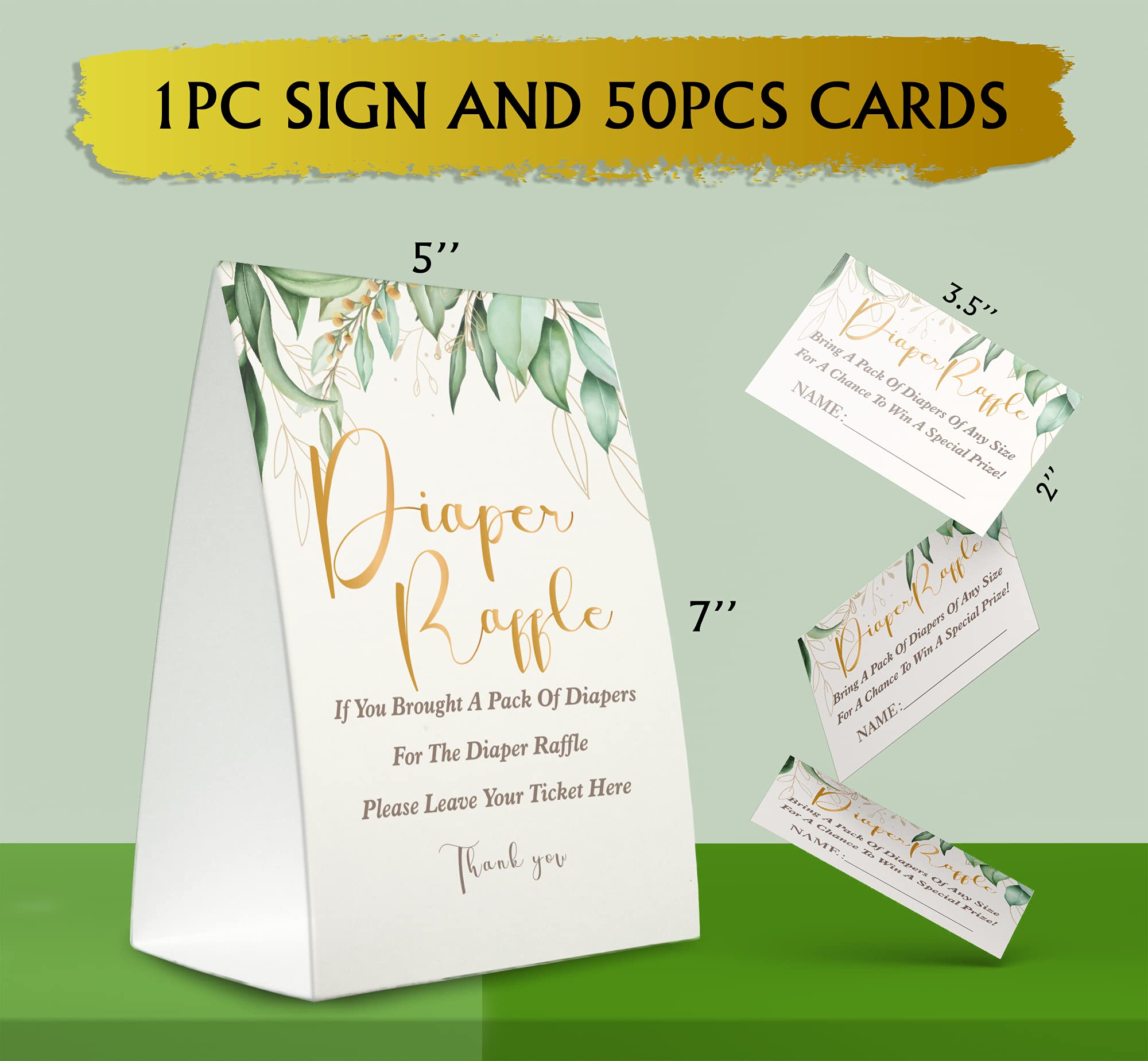 Diaper Raffle Sign,Diaper Raffle Baby Shower Game Kit (1 Standing Sign + 50 Guessing Cards),Greenery Insert Ticket,Baby Showers Decorations,Card for Baby Shower Game to Bring a Pack of Diapers-XN32