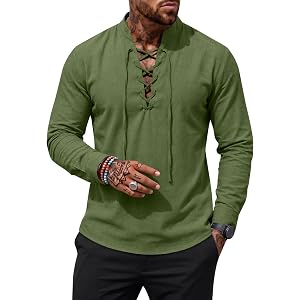 Locoowai Men's Long Sleeve Pure Cotton Shirts | Henley Tops, Renaissance, Medieval Pirate, Viking, Lace Up, Costume, Casual,