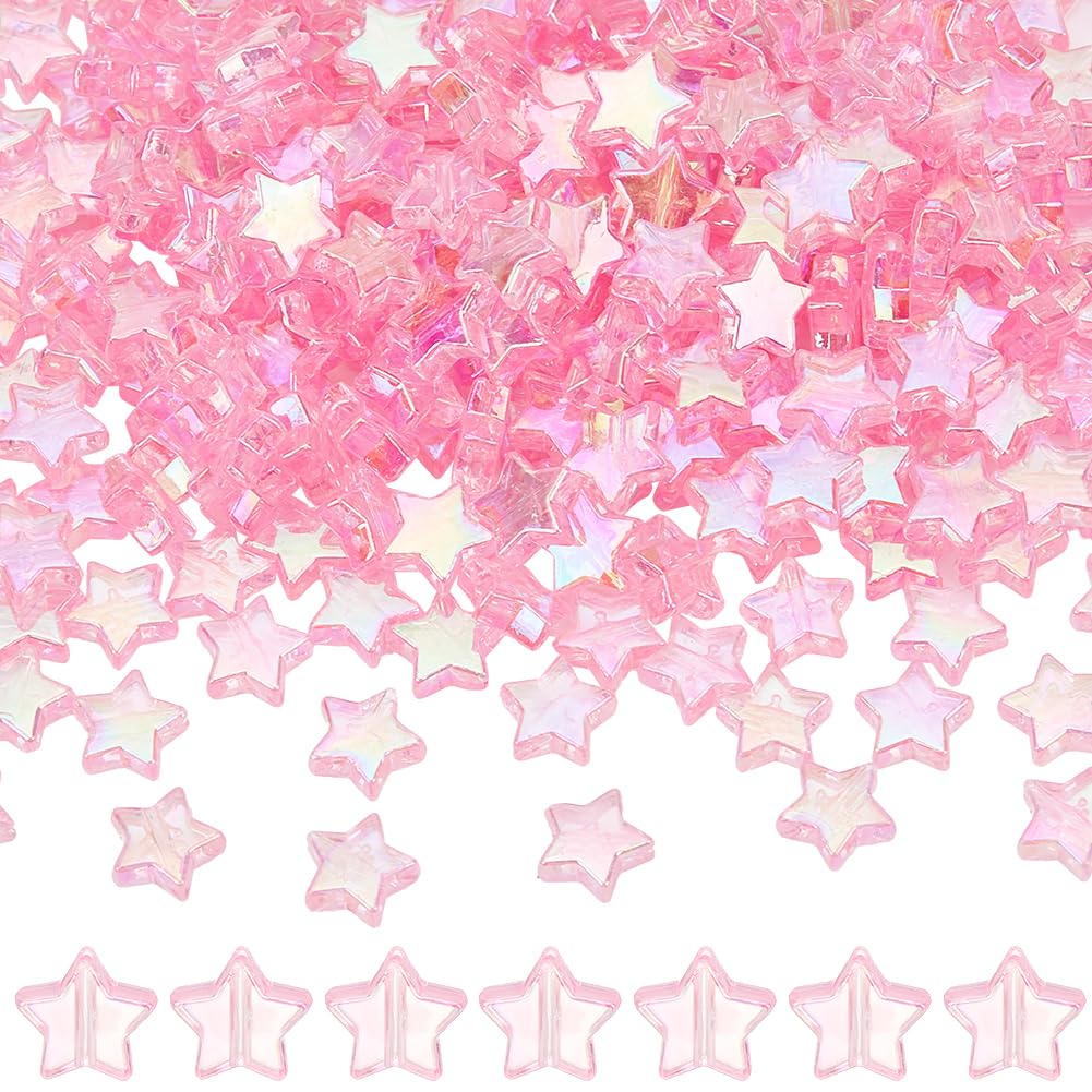 SUNNYCLUE 300Pcs 10mm Pink Star Bead Pink Transparent Acrylic Star Beads AB Color Clear Cute Pony Spacer Loose Bead for Jewellery Making Charm Bracelet Necklace Earring Supplies DIY Craft Accessories