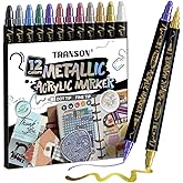TRANSON 12Colors Metallic Paint Markers Bold and Fine Dual-tip for Rock Wood Ceramic Canvas DIY Painting Drawing
