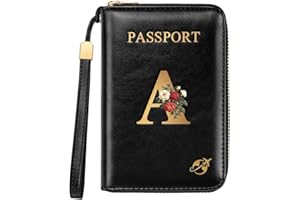 SIMIKOL Passport Holder Cover Wallet with Zipper Personalized Initial Letter A Rose Flower RFID Blocking Travel Wallets Credit Cards Holder for Women, Gift for Wife and Girlfriend,A