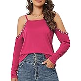 BILIKE JOMEX Womens Sexy Pearl Long Sleeve Cut Out Off The Shoulder Cold Shoulder Dressy Top
