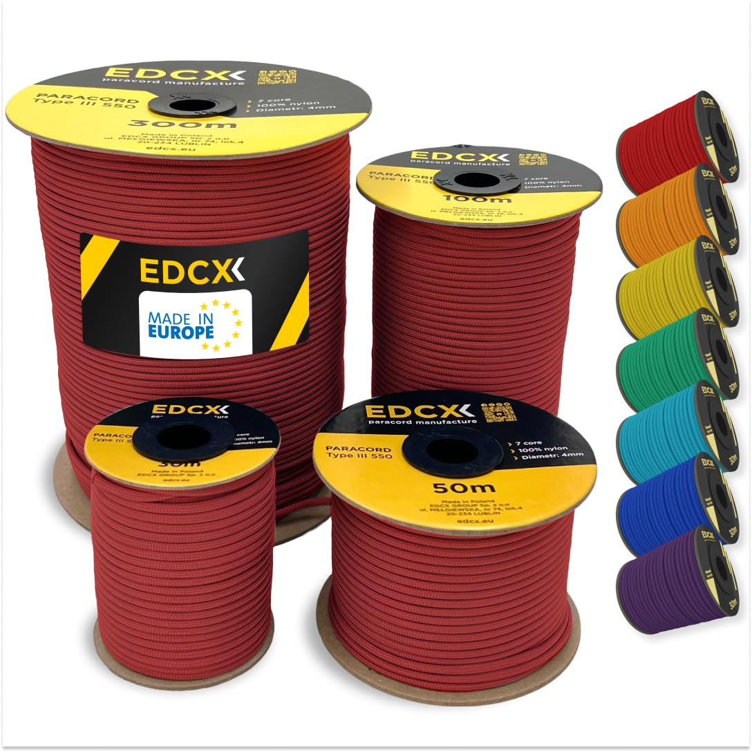 EDCX 4mm Nylon Paracord 550 50m (165 feet) | Ideal for Camping, Survival, Outdoor, Crafting, DIY | 100% Nylon Rope 4mm | Paracord 550 Type III in Solid Color (Red, 50 m)