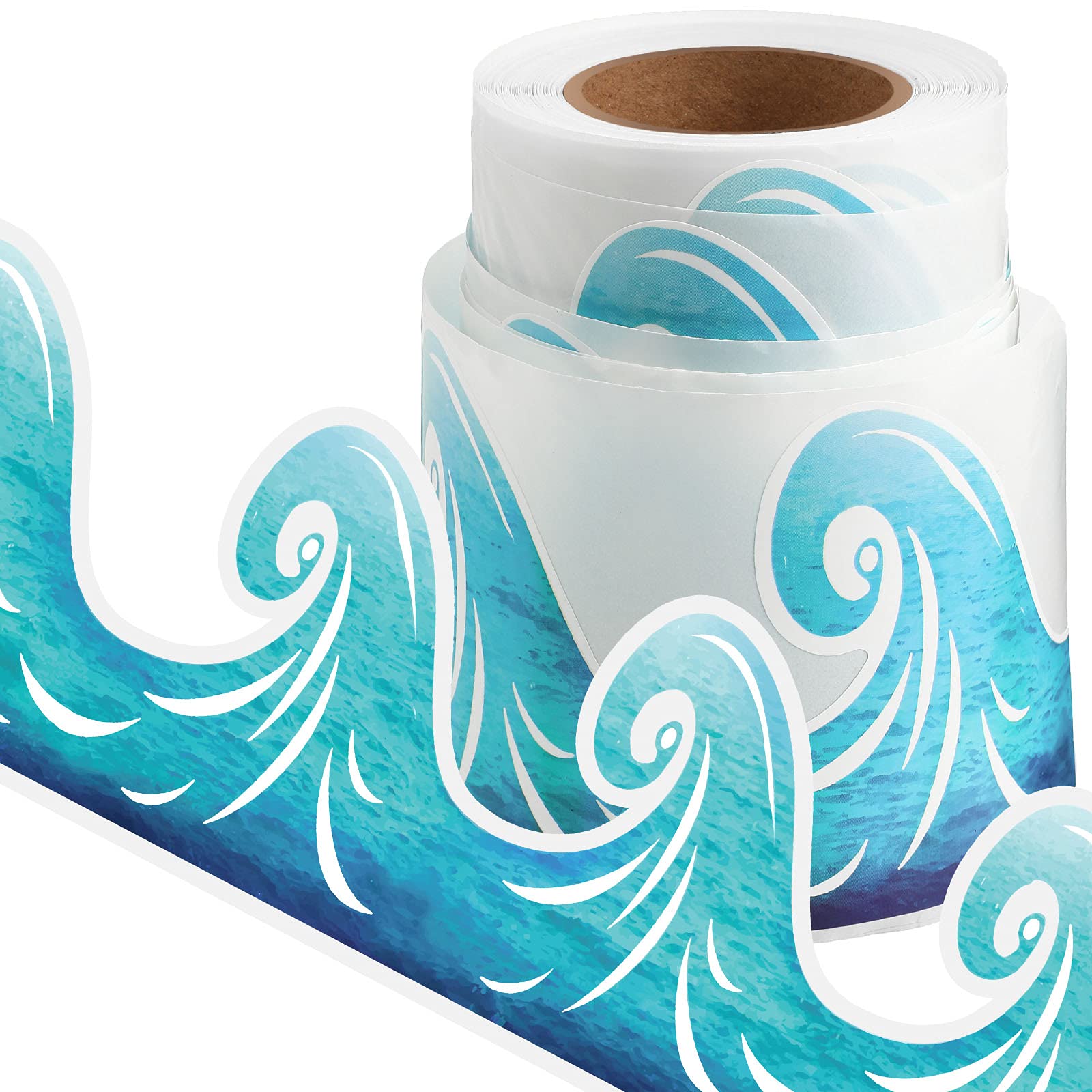 Photo 1 of Ocean Waves Bulletin Board Border Self Adhesive Blue Turquoise Bulletin Board Trim Paper Ocean Beach Classroom Decorations Waterproof Back to School Office Chalkboard Decor, 49.2 Feet