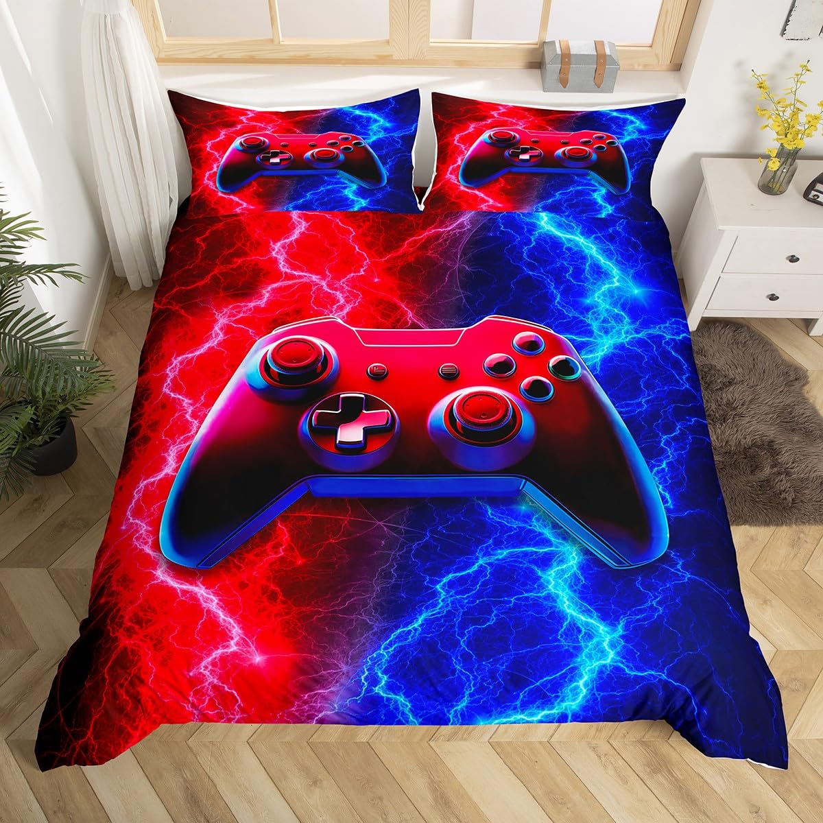 Video Games Duvet Cover Set Super King Size, Red-Blue Lightnings Gamepad Bedding Set 3pcs for Kids Boys Teens Room Decor, Modern Gamer Comforter Cover Children Gaming Quilt Cover with 2 Pillowcases