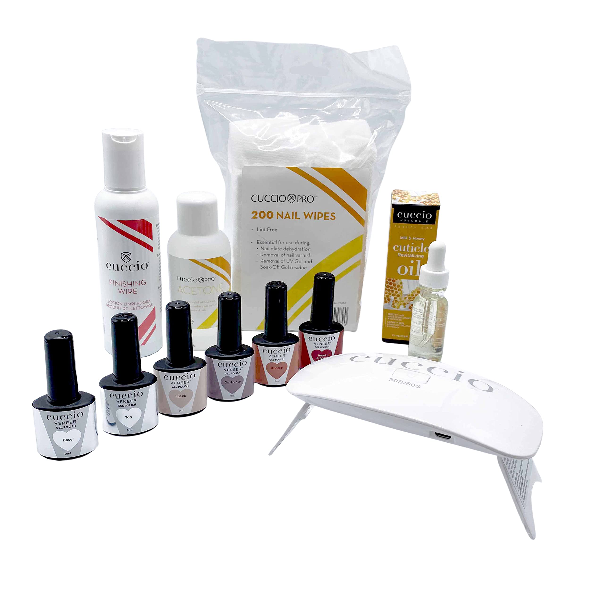 Cuccio 9ml Gel Polish Starter Kit includes USB LED Lamp Top Coat Base Coat Nail Wipes Finishing Wipe Acetone 125ml Heart & Seoul, I Seek, On Pointe Rooted Gel Polishes & Milk Cuticle Oil, Multi