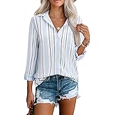 Aoudery Womens Button Down Shirts Long Sleeve Summer V Neck Collared Stripes Casual Blouses Tops with Pocket