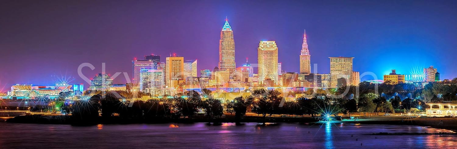 Amazon Com Cleveland Skyline 2018 Photo Print Unframed Night Color City Downtown 11 75 Inches X 36 Inches Ohio Photographic Panorama Poster Picture Standard Size Panoramic Poster Cleveland Browns Posters Prints
