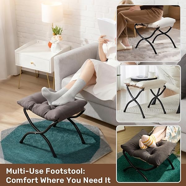 HOLLYHOME 15″(H) FOLDING FOOTREST STOOL, UPHOLSTERED SMALL FOLDABLE OTTOMAN, ACCENT PADDED SOFA FOOT STOOL FOR LAZY CHAIR, METAL FRAME PORTABLE FOOT REST OTTOMAN FOR LIVING ROOM, BEDROOM, DARK GREY