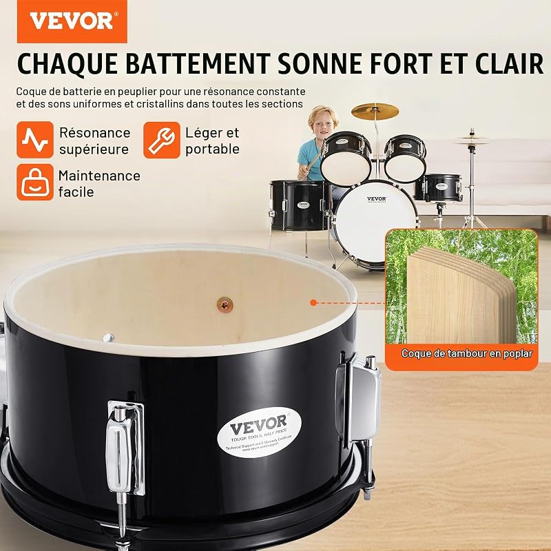 Kit de Batterie pour Enfants, 406 mm, Batterie complète pour débutants, 5PCS, avec Toms Basses, Caisse Claire, siège, cymbales Charleston, 2 Paires de Baguettes, Instruments de Musique, Noir