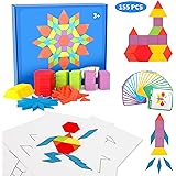 155 Pcs Wooden Pattern Blocks Set - Early Geometry Shape Puzzle for Kids Teach Creativity Sequencing Toys with 24 Design…