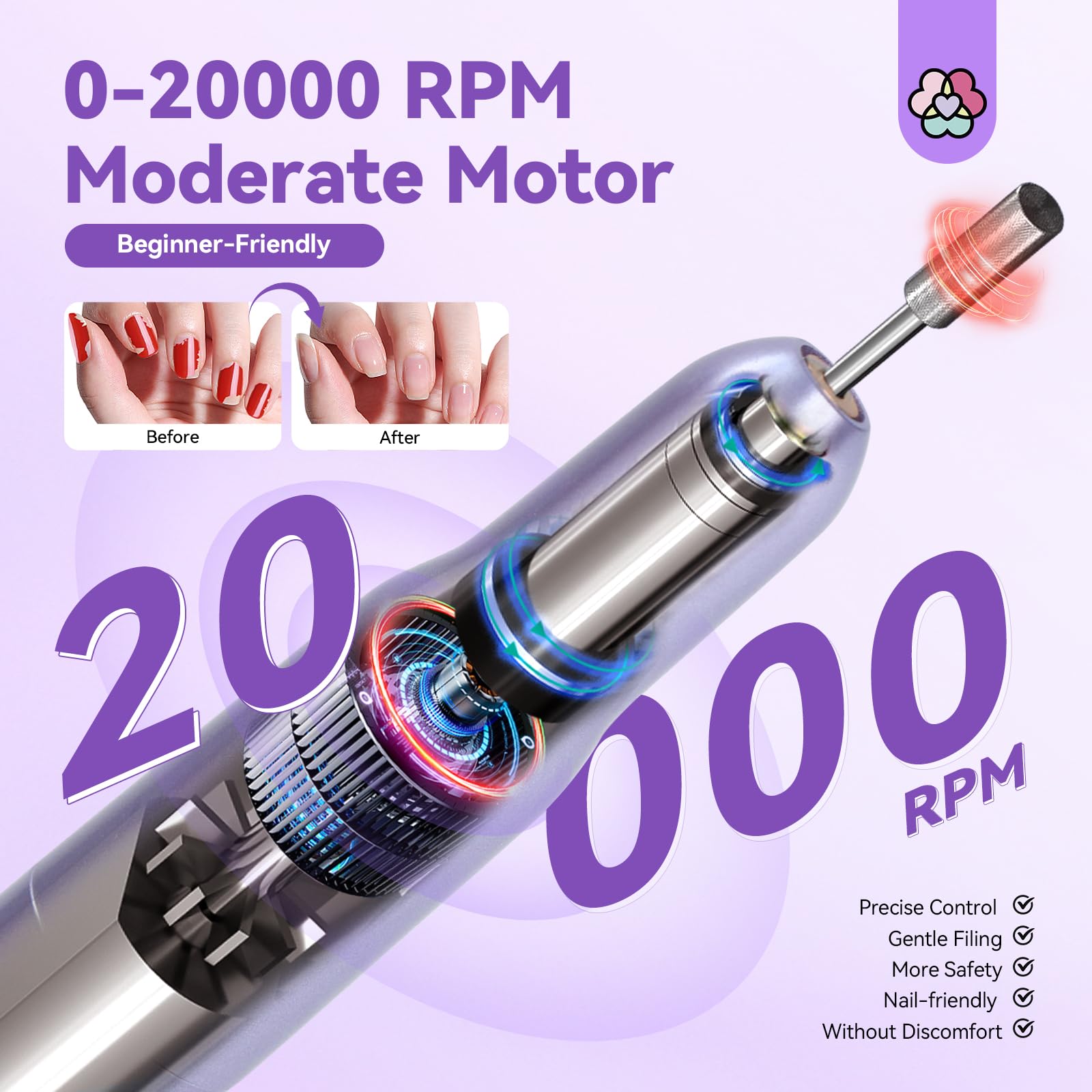 SAVILAND Portable Electric Nail Drill: Nail Drill Kit 20000RPM Purple Cuticle Bit Nail File 51 Sanding Bands Beginners at Home Manicure Pedicure - Image 3