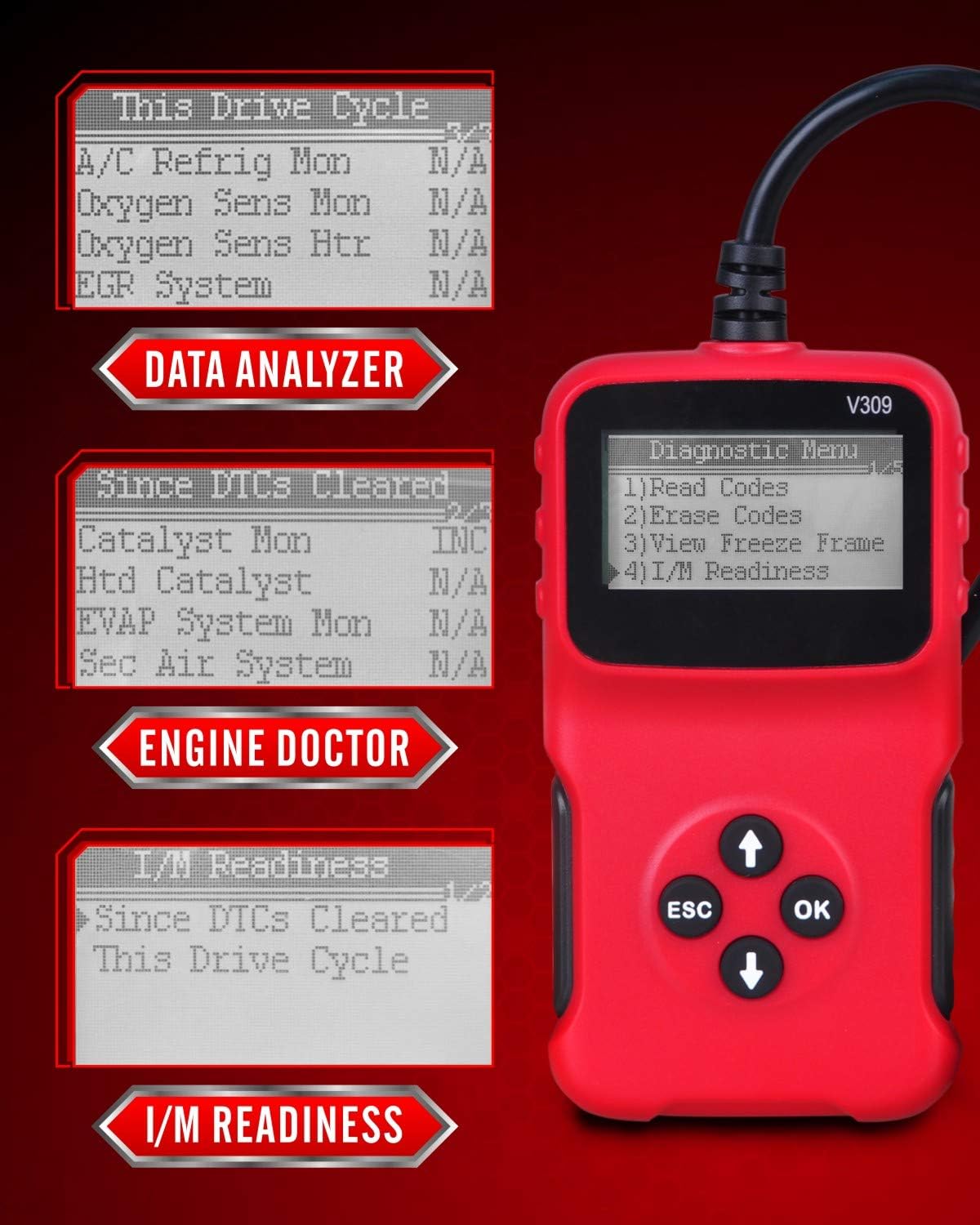 KOYOSO OBD2 Scanner with HD LCD Display Screen, Wired Car OBD2 code