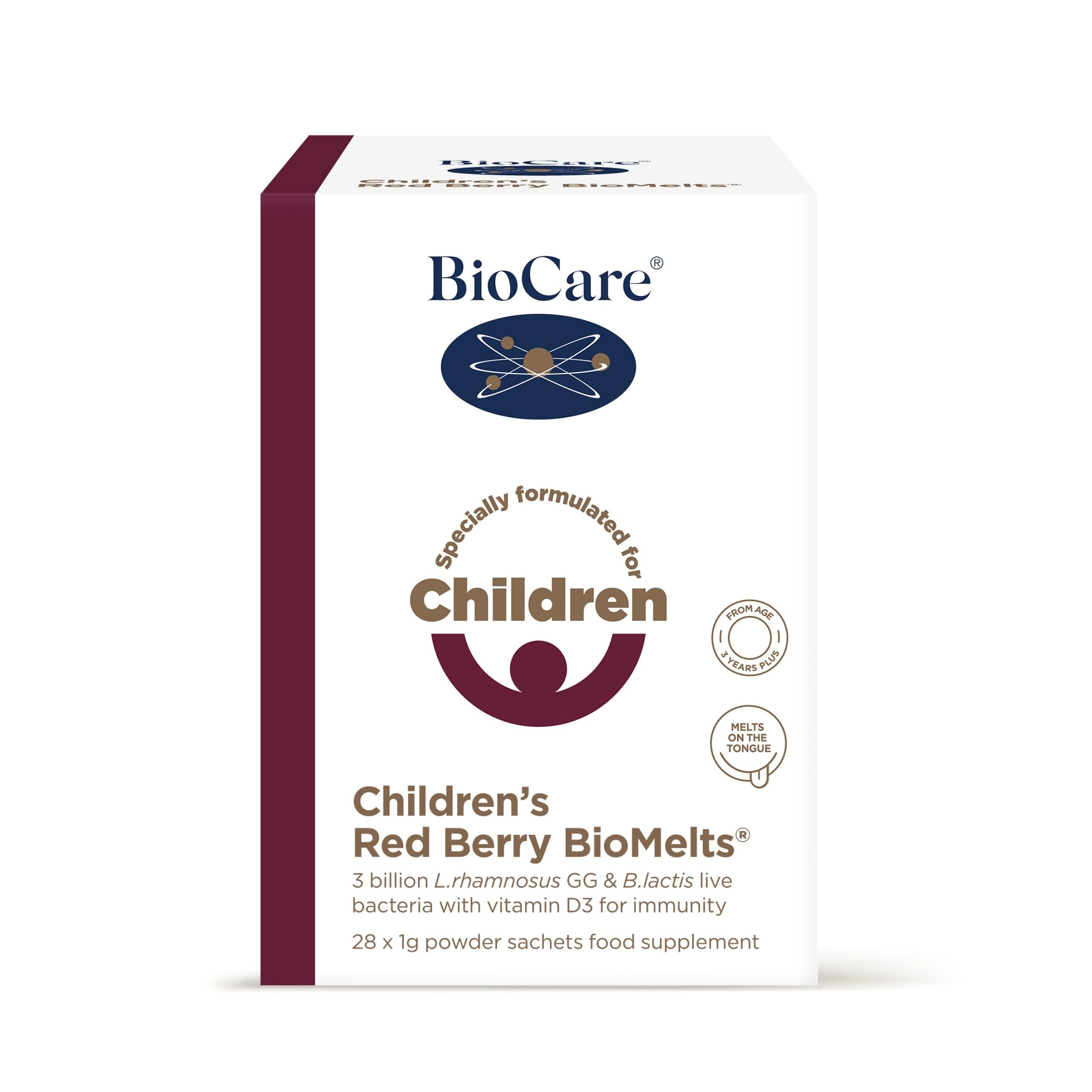 BioCare Children's Red Berry BioMelts - Live Bacteria & Vitamin D3 for Immune Support - 28 Sachets
