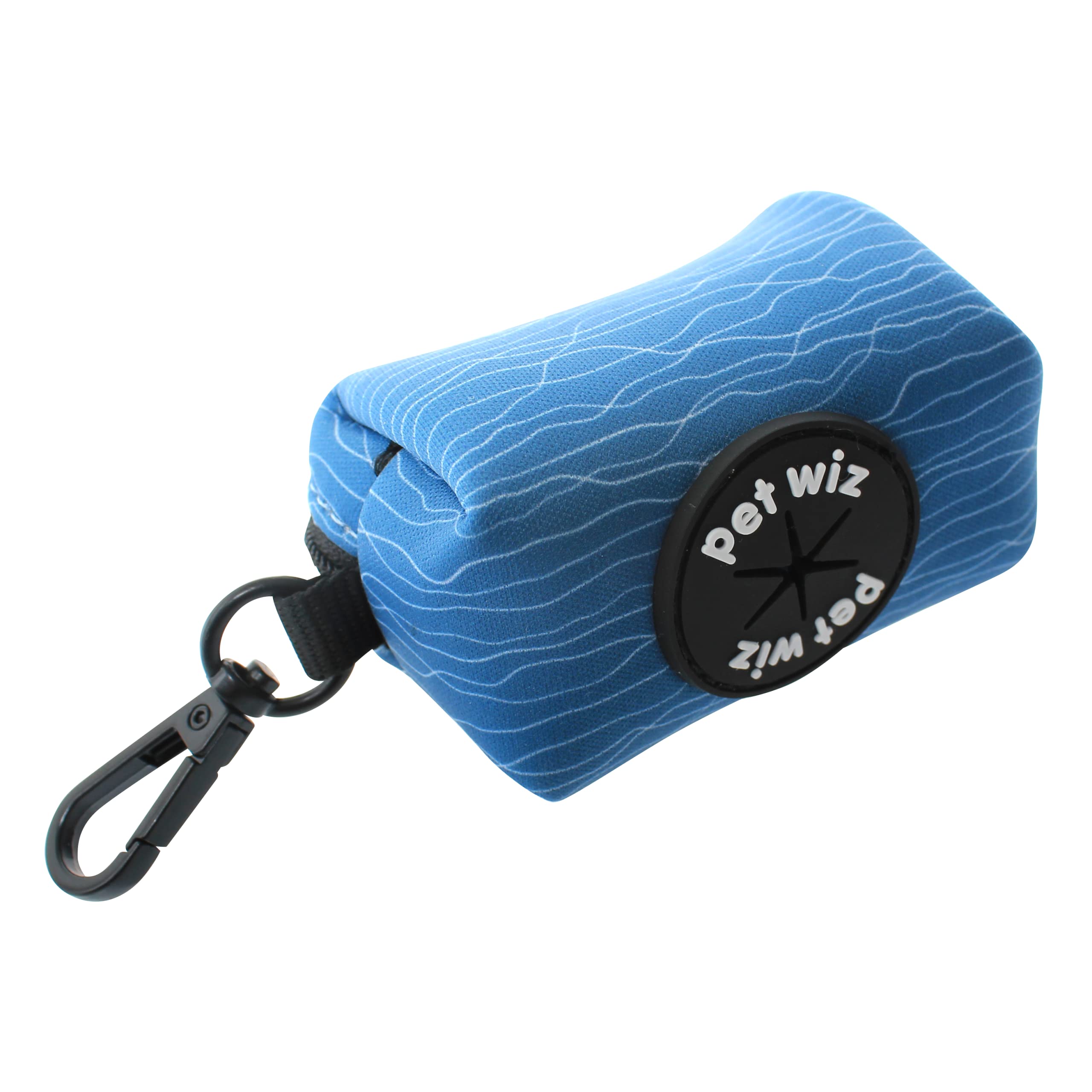 Poop Bag Holder, in an Easy Clean Material and Fun Designs. Featuring a Zip and Clip for Easy Attachment to Lead. Convenient Poop Bag Dispenser including Roll of Bags. (Pawfect Waves)