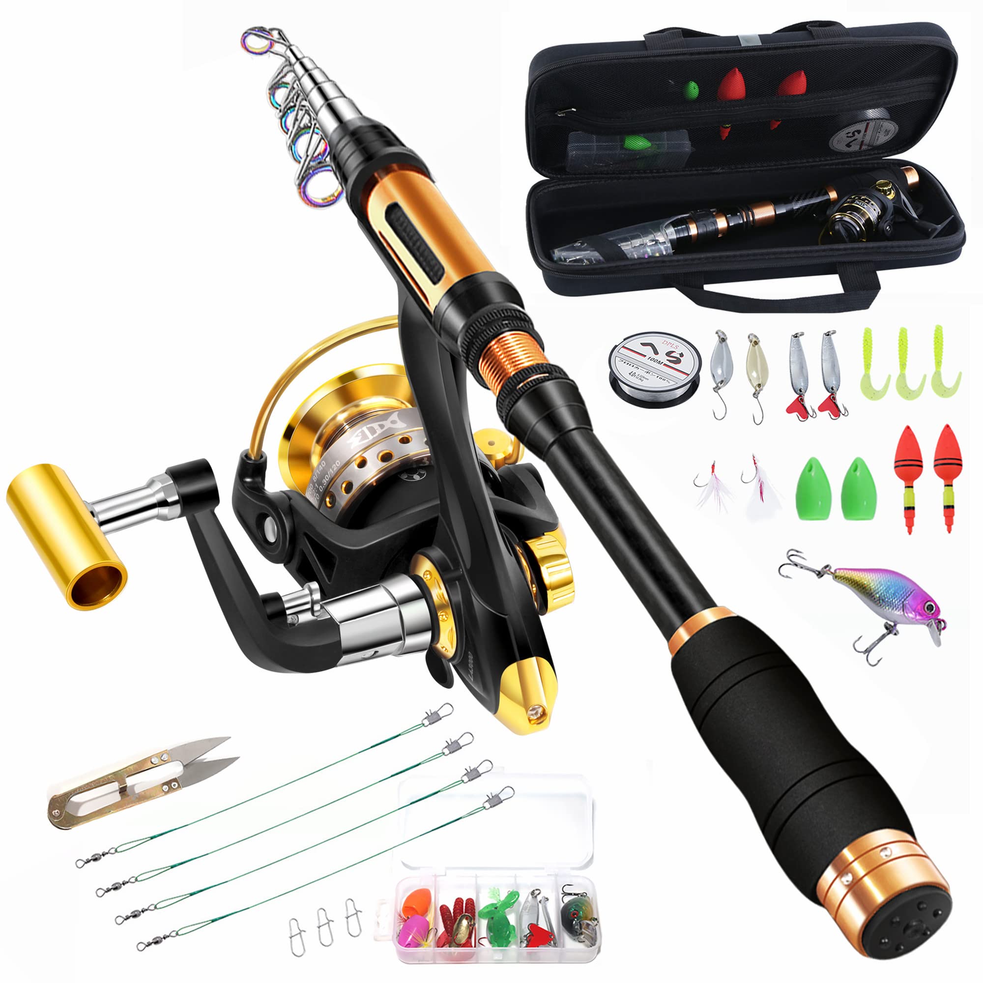 BNTTEAM Portable Fishing Spinning Rod and Reel Combo set Carbon Fiber Fluorescent Rod Tip, with Fishing Lures Line Carrier Bag Kits for Travel Surf Saltwater Freshwater