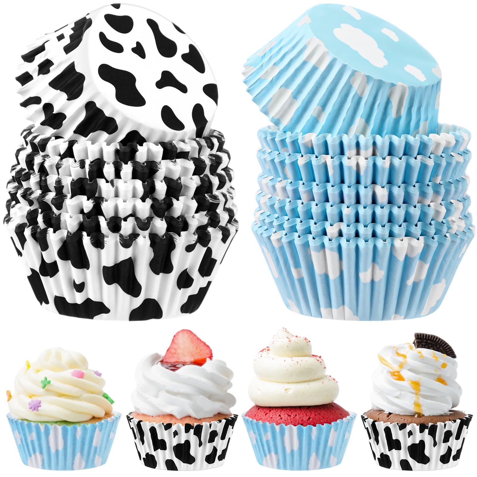 Photo 1 of Cunhill 300 Pcs Paper Baking Cups Include 150 Cloud Blue Cupcake Liners 150 Cow Print Cartoon Story Cupcake Topper for Cake Balls Muffins Toy Theme Birthday Baby Shower Party Supplies