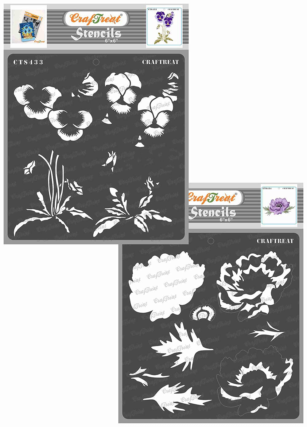 CrafTreat Reusable Flower Stencils for Painting on Wood - Pansy and Anemone (2 Pcs) -6x6 Inch Each - Craft Layering Stencils for Card Making - Floral Paint Stencils for Painting