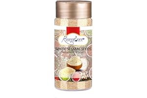 Ramaroma, Organic Hulled Sesame Seeds (100g/3.5oz) Non-GMO, Vegan | Rich & Pure Whole Raw White Sesame Seeds | Perfect for Noodle Dishes, Sushi, Stir-Fries and Coating for Meat and Fish | Medium Jar