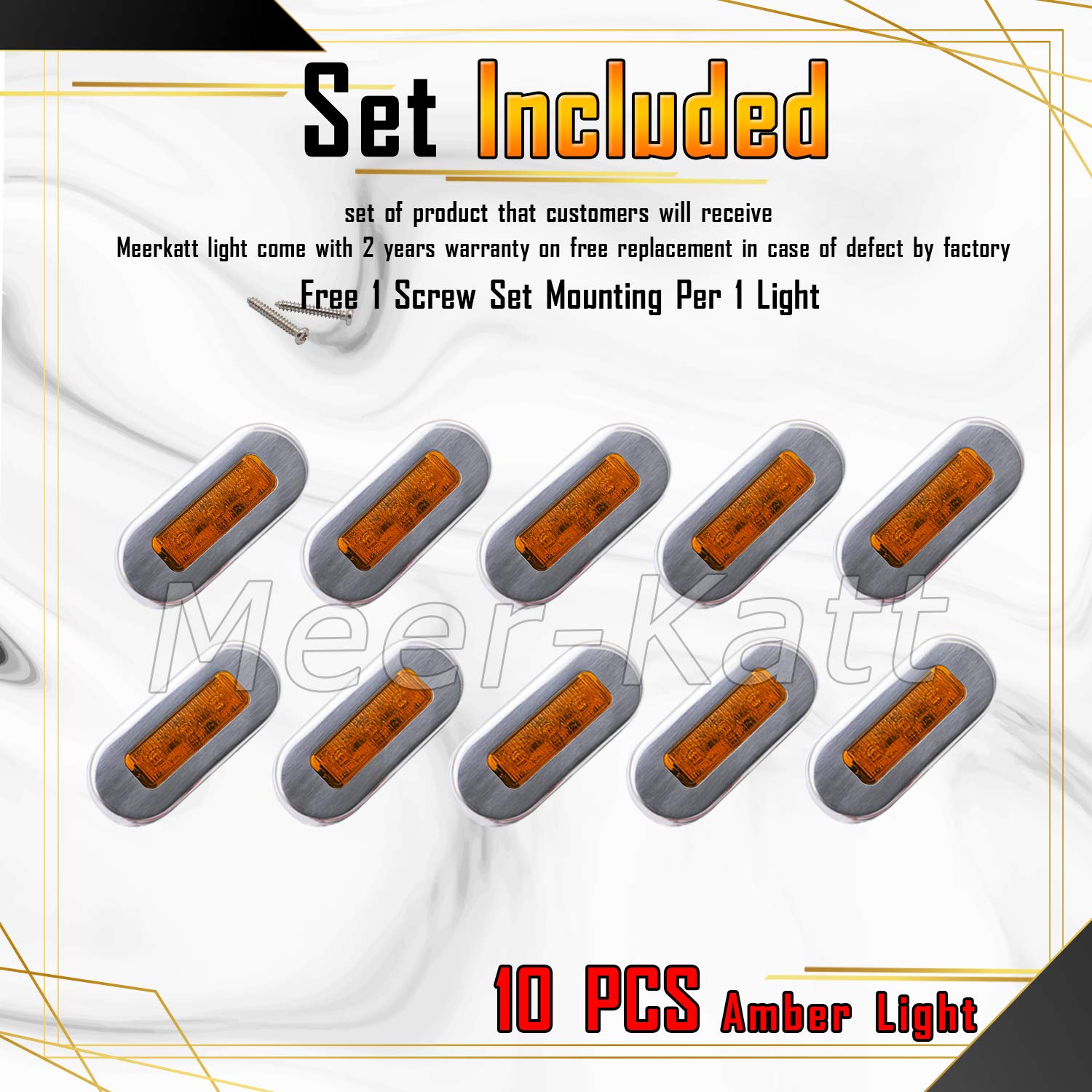 Meerkatt (Pack of 10) 3 Inch Oblong Amber LED Marine Courtesy Light Sealed Flush Mount Clearance Lamp for Yacht Stair Deck Garden Boat RV Cabin Truck Waterproof 12V DC with Chrome Stainless Bezel UV12